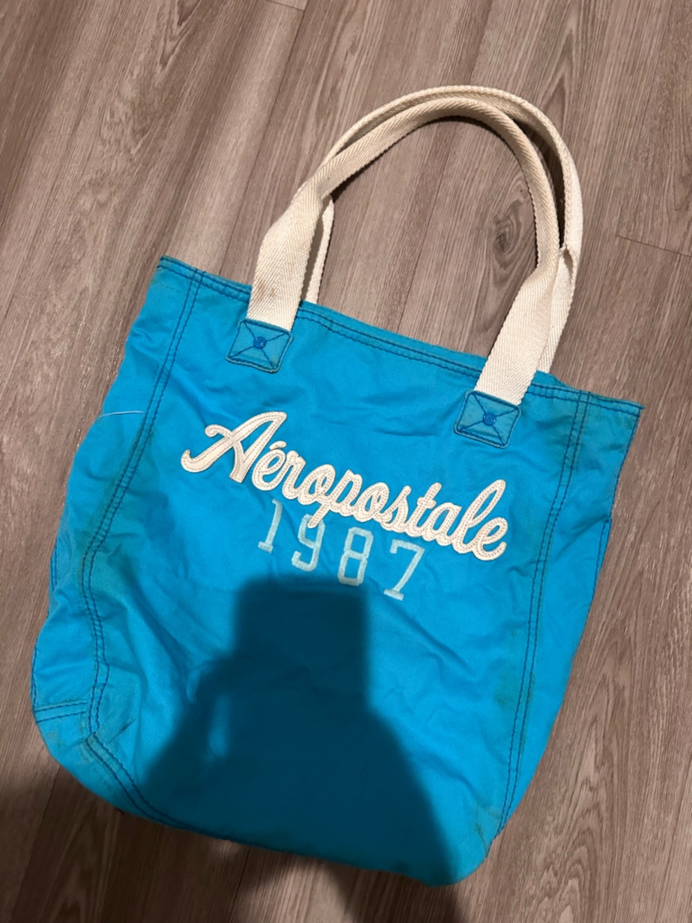 Aeropostale Turquoise Canvas Tote with Cream Handles